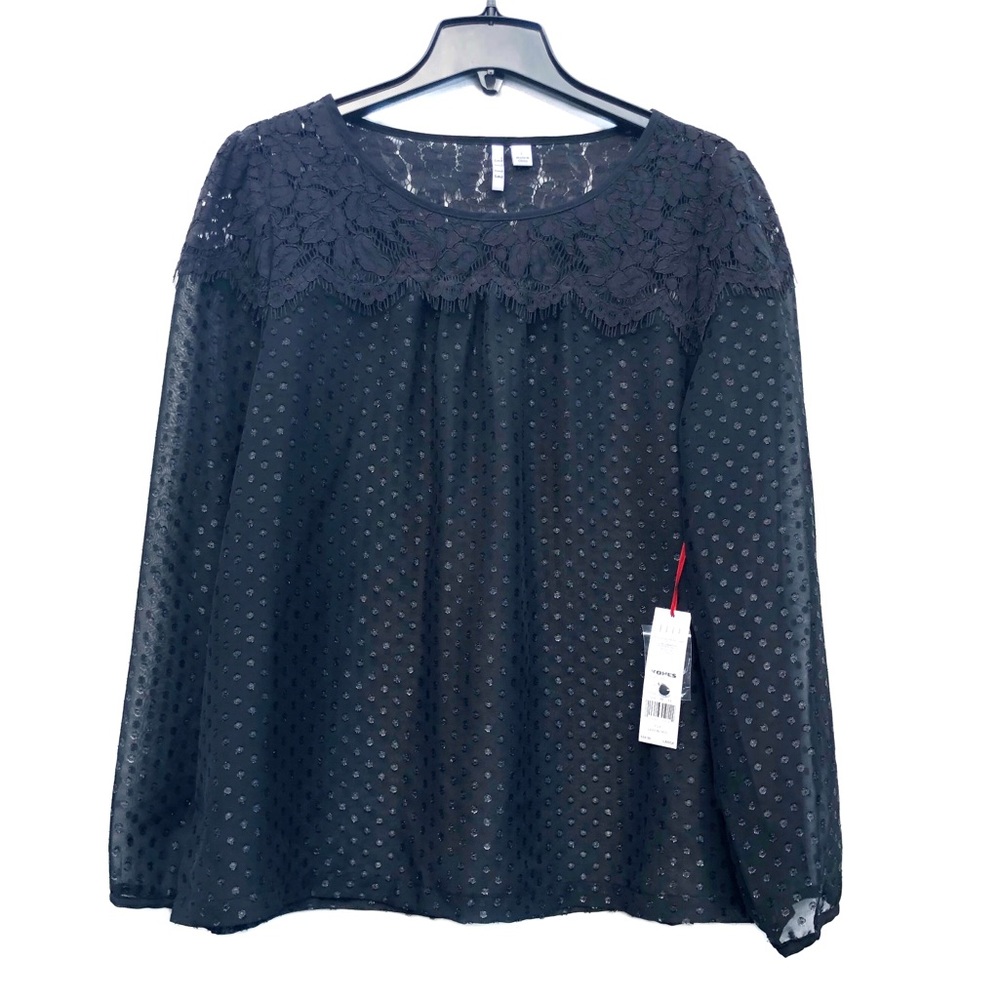 ELLE Blouse Lady in Lace Sheer Polka Dot Long Sleeve Glitter Dressy Top NWT L